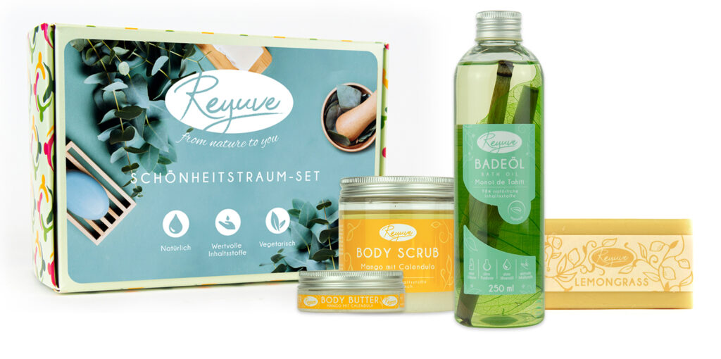 REYUVE Naturkosmetik: Festseife Zitronengras, Body Butter Mango mit Calendula, Body Scrub Mango mit Calendula, Badeöl Monoi de Thaiti