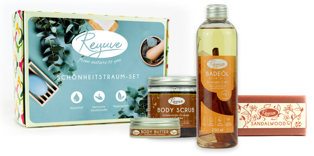 REYUVE Naturkosmetik: Festseife Bitterolive, Body Butter Guave, Body Scrub Guave, Badeöl Rose