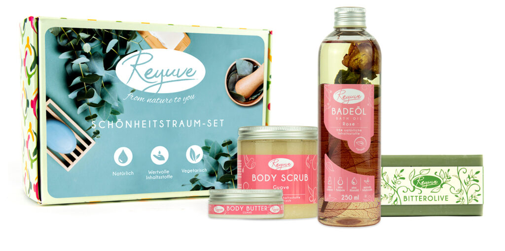 Reyuve Naturkosmetik Sets: Mango-Calendula mit Zitronengras, Guave mit Rose, Schoko-Orange mit Sandelholz